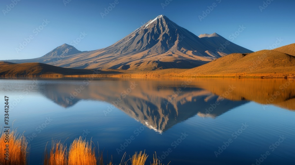 Volcanic mountain in morning light reflected in calm waters of lake