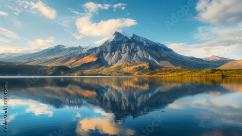 Volcanic mountain in morning light reflected in calm waters of lake © Artem