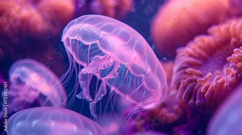 Capture the ethereal beauty of the underwater world. bright glowing jellyfish...