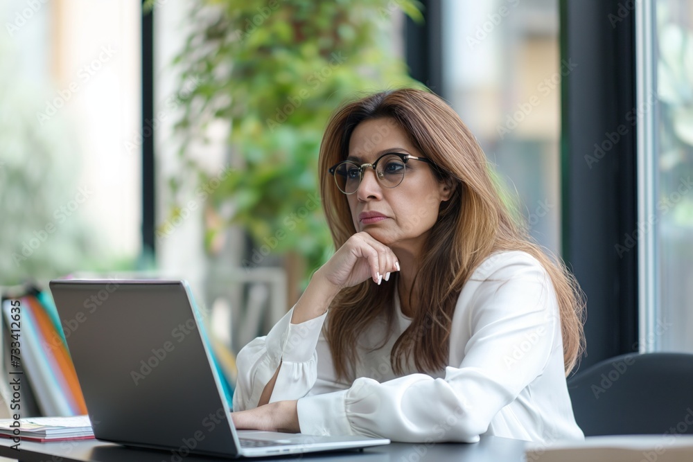 Serious Indian woman in a white blouse works in the office with a laptop Serious Indian woman in a white blouse works in the office with a laptop