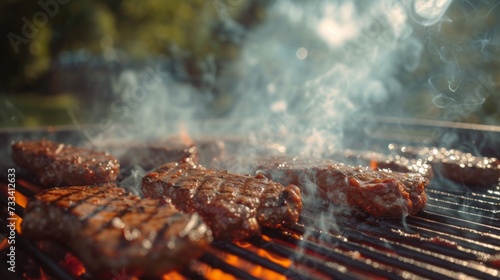 Capture the essence of outdoor cooking. billowing smoke, flames dancing on th...