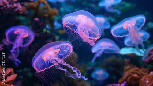 Capture the ethereal beauty of the underwater world. bright glowing jellyfish...