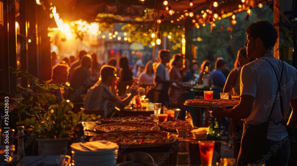 Capture the ambiance of an evening at a pizzeria terrace. as the sun sets, people gather on the open terrace