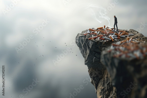 conceptual image of a person standing at the edge of a cliff, looking down at a pile of discarded cigarette butts