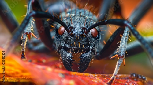 An extreme close-up of an ant carrying a leaf, revealing its intricate mandib...