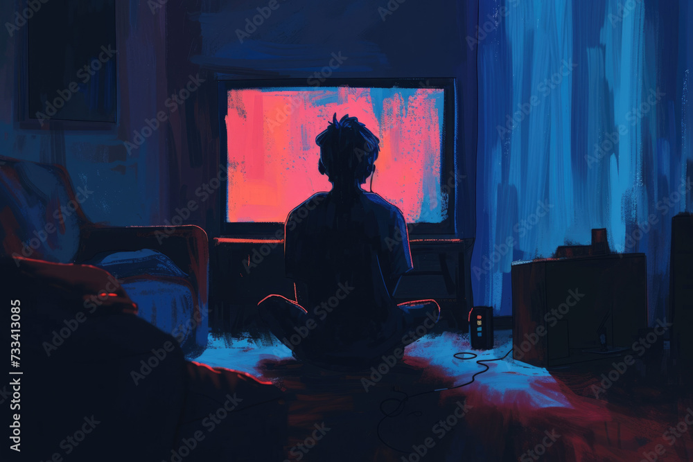 person sitting alone in a dimly lit room, staring at a screen for hours person sitting alone in a dimly lit room, staring at a screen for hours