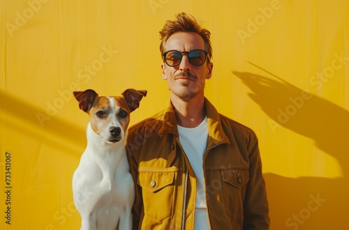 doctor poses with a dog in front of a yellow background
