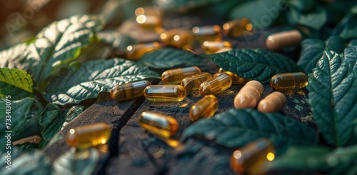 capsules and leaves laying on wooden table