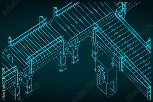 Automated factory conveyor line isometric blueprint