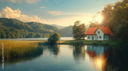 Beautiful natural background with a house on a lake. large copyspace area, offcenter composition