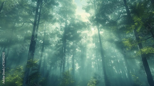 Capture the ethereal beauty of a misty forest. towering trees shrouded in fog
