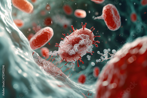 white blood cell engulfing a bacterium. The cell is moving quickly, and there are other bacteria in the background photo