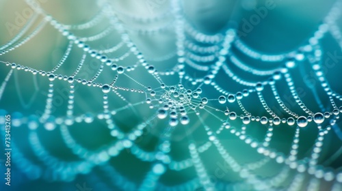 An extreme close-up of a dew-covered spiderweb, capturing the shimmering droplets clinging to its fine threads