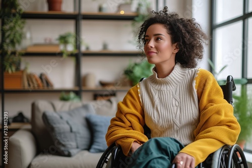 A fashion-forward woman finds comfort and style in her indoor sanctuary, surrounded by her beloved books, houseplants, and chic furniture, as she sits in her wheelchair and gazes wistfully out the wi