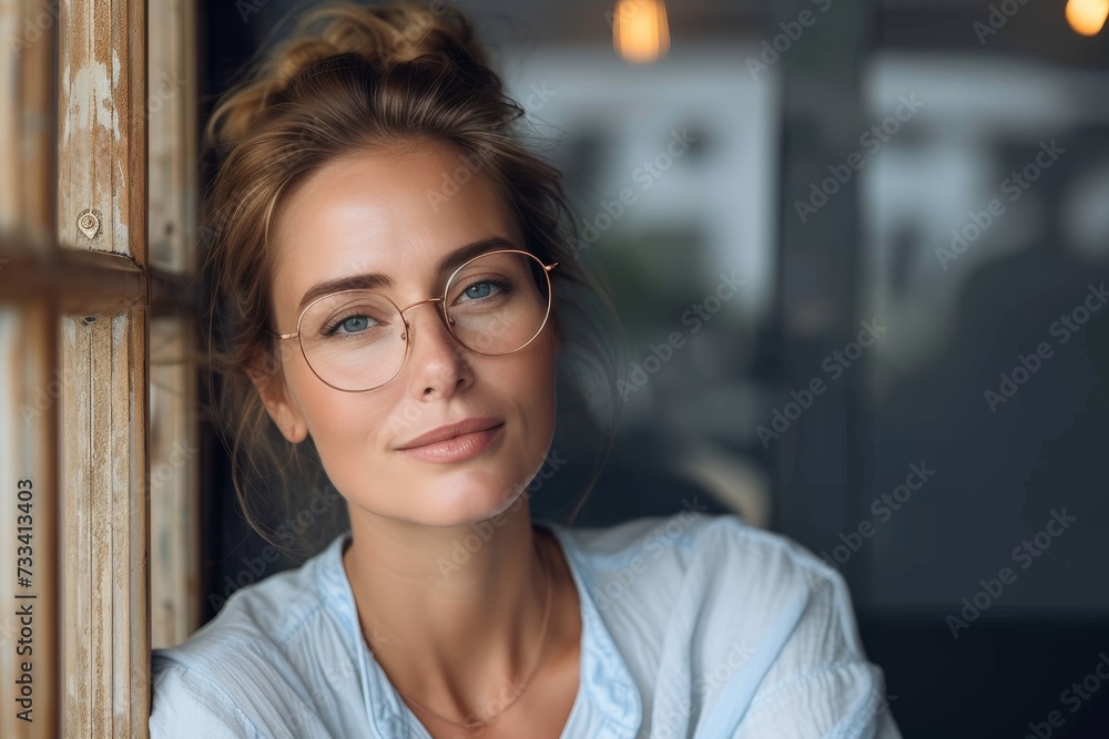 A stylish woman with a captivating smile and striking glasses poses against a white wall, showcasing her unique vision and confident personality in this stunning portrait photograph A stylish woman with a captivating smile and striking glasses poses against a white wall, showcasing her unique vision and confident personality in this stunning portrait photograph