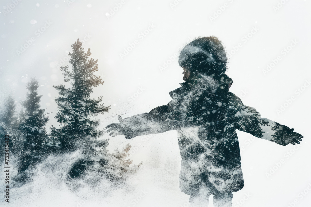 double exposure image of a child's silhouette filled with a snow-covered landscape. double exposure image of a child's silhouette filled with a snow-covered landscape.
