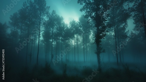 Capture the ethereal beauty of a misty forest. towering trees shrouded in fog