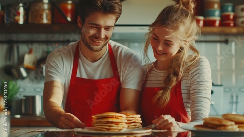 Beautiful young happy couple in red aprons baking pancakes together in a mode...