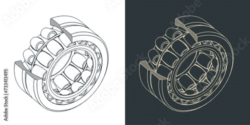 Spherical roller bearing isometric cutaway blueprints