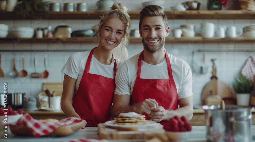 Beautiful young happy couple in red aprons baking pancakes together in a modern kitchen