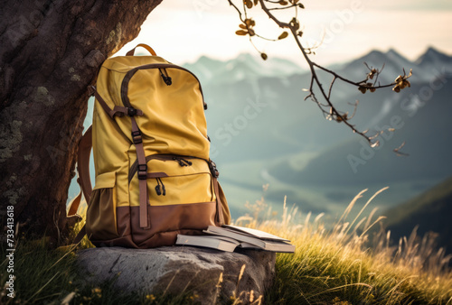 backpack sitting next to a tree near mountains