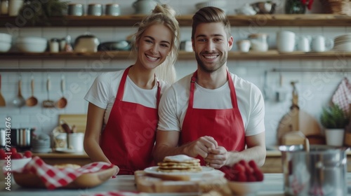 Beautiful young happy couple in red aprons baking pancakes together in a mode...