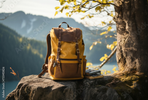 backpack sitting next to a tree near mountains