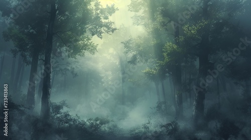Capture the ethereal beauty of a misty forest. towering trees shrouded in fog