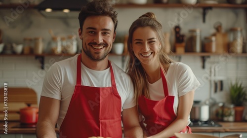 Beautiful young happy couple in red aprons baking pancakes together in a mode...