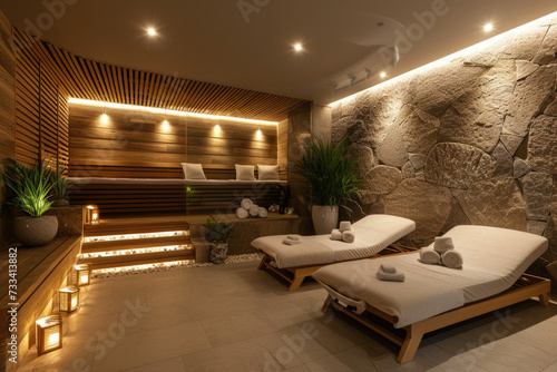 spa with a relaxing atmosphere and soft lighting. There are massage tables and a sauna. photo