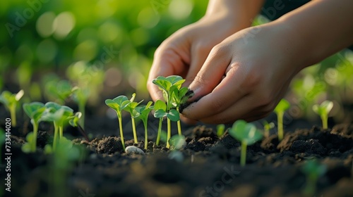 Embrace the beauty of sustainable living. hands delicately planting organic v...