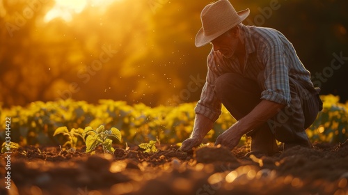 A farmer tending to young plants in a field bathed in the warm glow of the setting sun.