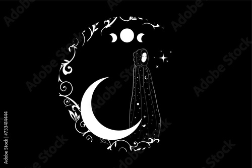 Witch in a black cape, Mystical priestess in a magical cloak with head hood on the white crescent moon. Triple goddess, wiccan woman, concept of esoteric magic sacred female in boho stile, isolated 
