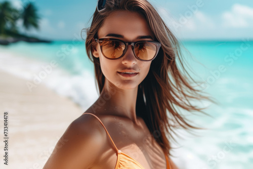 model enjoying a vacation with a beach and a sea in the background and a bikini © Formoney