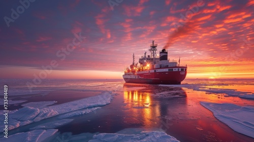 A ship amidst icy waters under a breathtakingly colorful sunset sky.