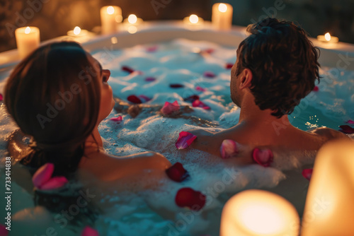 man and a woman enjoying a candlelit bubble bath