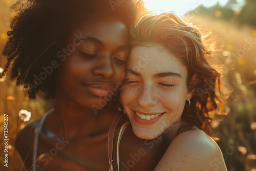 Portrait of interracial lesbians, a happy LGBT couple of girls who smile and hug in the sunshine