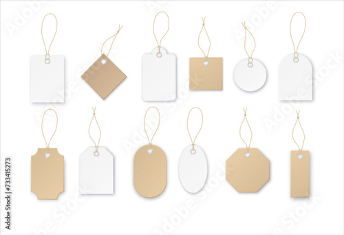 Blank white paper price tags or gift tags in different shapes. Set of labels. Vector
