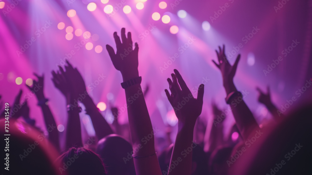 lively crowd at a concert, with hands raised in the air, silhouetted against a backdrop of vibrant stage lights, capturing the energy and excitement of a live music event.