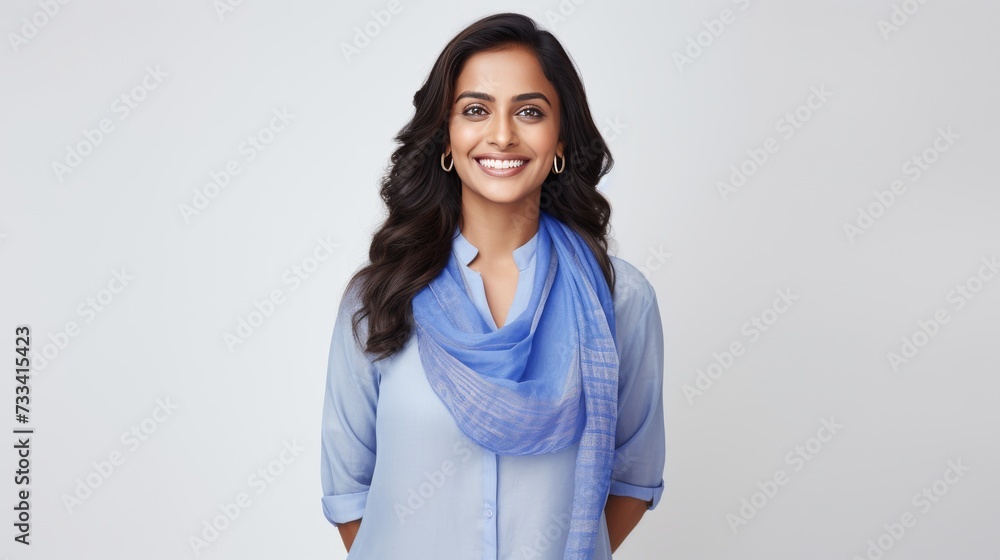Joyful South Asian Woman Poses Against White Background generative ai Joyful South Asian Woman Poses Against White Background generative ai