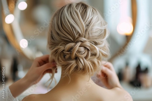A woman's delicate skin glows in the indoor light as she confidently rocks a stunning braided updo, complete with a bun, showcasing her unique sense of style