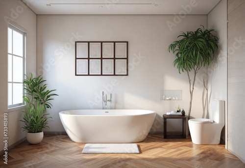 a mockup picture frame on a lovely wall over the bathtub in the bathroom with a planter  furnished with cozy furnishings on a wooden floor  