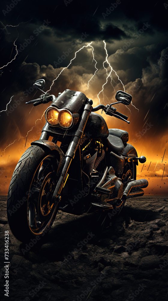 Motorcycle on the ground, A majestic orange-glowing motorbike stands poised against a picturesque backdrop of a blazing sunset