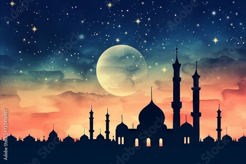 mosque silhouette background at night photo