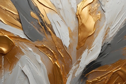 Closeup of abstract painting gold, white and grey, silver texture background. Visible oil, acrylic brushstroke, pallet knife paint on canvas. Contemporary art painting.