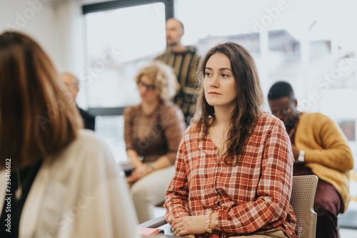 Thoughtful young woman listening intently at professional workshop.