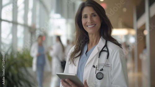 smiling female healthcare professional, stands in a hospital corridor holding a tablet
