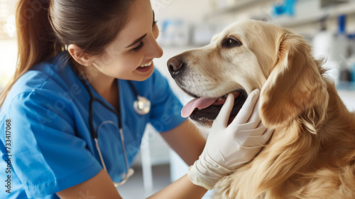 smiling veterinary professional in blue scrubs gently examining a happy golden retriever in a clinical setting. photo