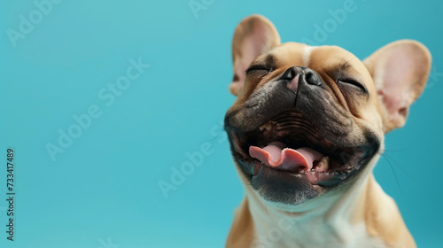 Cute funny dog on a blue background isolated with a place for text. Concept pets love, animal life, humor, raising dogs. Dog close up on color background. photo