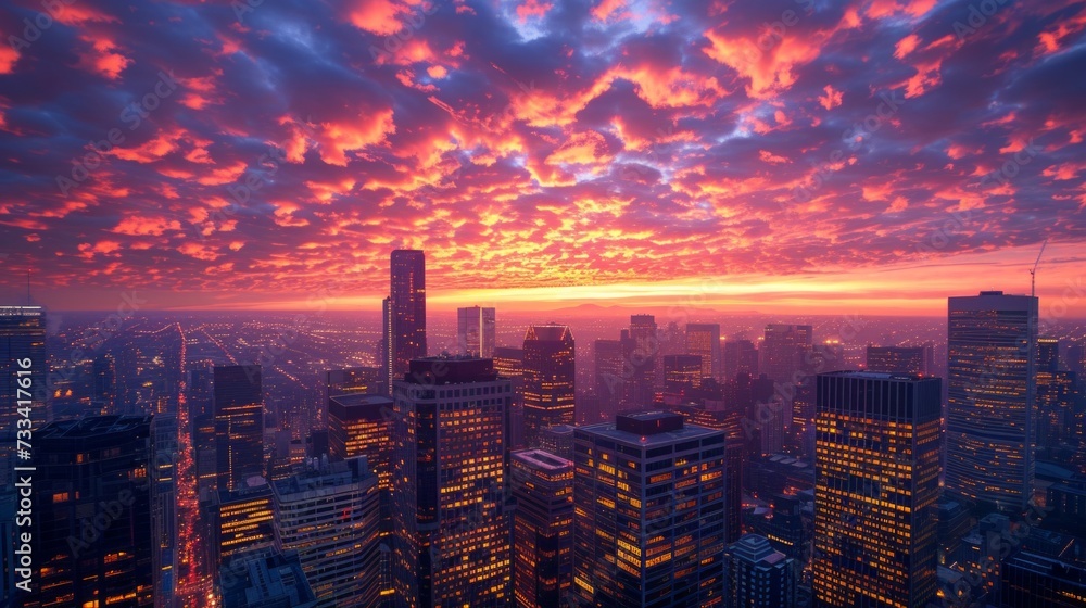 The iconic skyline of a cityscape, with towering skyscrapers illuminated against the backdrop of a fiery sunset